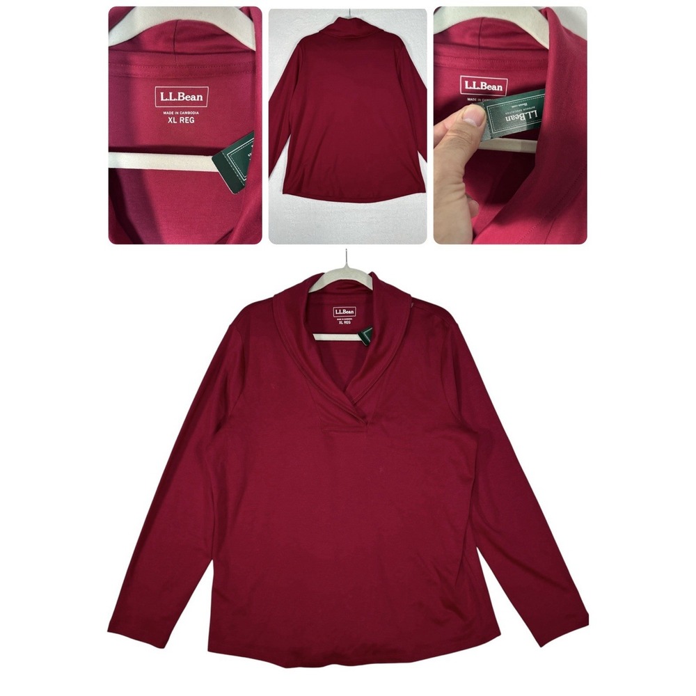 NWT L.L. Bean Shawl Collar Tee XL Burgundy Long Sleeve 100% Cotton Soft Academia